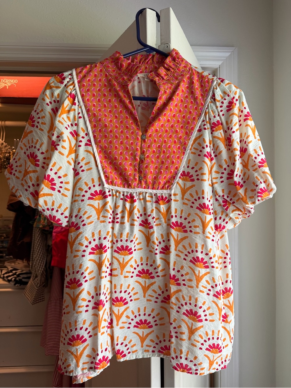 JODIFL White Floral Print Top with Pink & Orange Yoke Worn once.